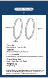 Fiche technique détaillée des boucles d'oreilles créoles en argent S925 et moissanite