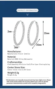 Vue détaillée des boucles d'oreilles en argent S925 et moissanite avec dimensions