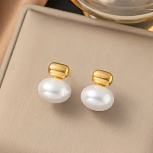 Elegant oval pearl stud earrings with gold finish, minimalist titanium steel jewelry for women