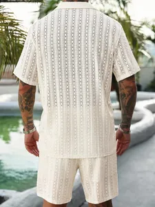 Rear view of men's cream hollow-out texture short-sleeved shirt and shorts set