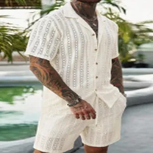 Close-up of men's summer vacation set with hollow textured knit shirt and shorts.