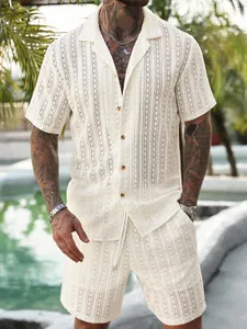 Men's Knit Vacation Outfit Hollow Out Breathable Short Sleeve Button Down Shirt And Drawstring Shorts Summer Beach Wear