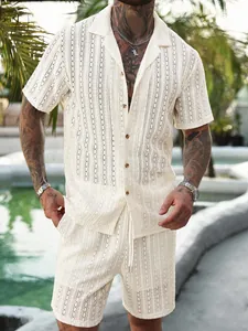 Men's stylish summer vacation outfit featuring breathable cream hollow eyelet texture