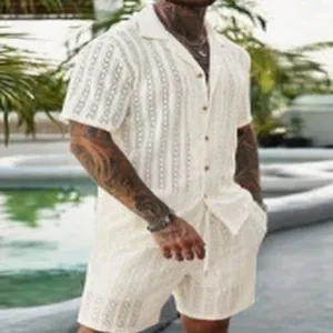 Men's white hollow-out knit short sleeve shirt and shorts set for summer beach holiday
