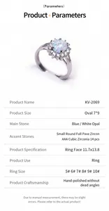 Detailed specification for a sunflower stainless steel ring with opal and AAA rhinestones.