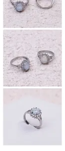 Detail of 316L stainless steel sunflower ring with central opal and rhinestones