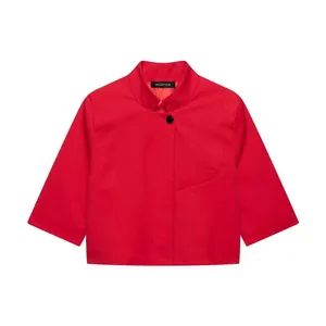 Red minimalist women's blazer with 3/4 sleeves and standing collar front view.