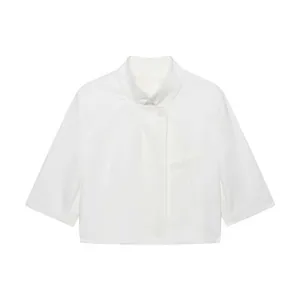 Clean detailed view of a minimalist white three-quarter sleeve cropped blazer jacket