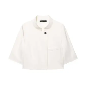 Elegant white cropped blazer featuring a standing collar and minimalist 3/4 sleeves.