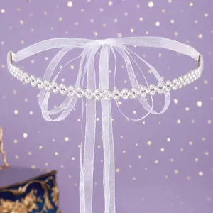 Ceinture élégante en perles blanches à double rangée avec ruban pour mariée
