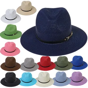 Women's Panama Straw Hat Sun Protection Woven Fedora Jazz Hat With Belt Buckle Pearl Chain Decoration For Summer Beach