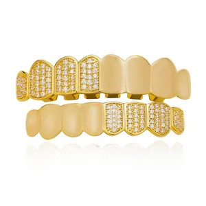 Grillz per Denti Hip Hop Zirconia Griglie a Bocca Superiore E Inferiore Rame Placcato Oro Argento Gioielli per il Corpo Halloween Festa Accessori