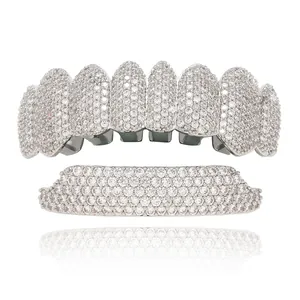 Silver-tone hip-hop teeth grillz set micro-paved with shiny clear zirconia stones