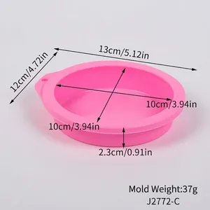 Pink round silicone cake mold with detailed dimensions and weight specifications