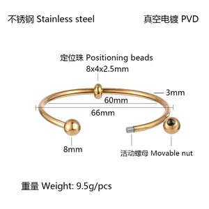 Detail view of a gold stainless steel bangle with PVD coating and dimensions