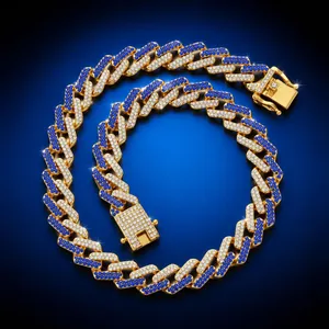 Men Hip Hop Cuban Link Chain Necklace Alloy Iced Out With Blue And Transparent White Rhinestones Fashion Jewelry