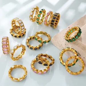 Elegant gold-plated ring set featuring colorful heart square and teardrop stones