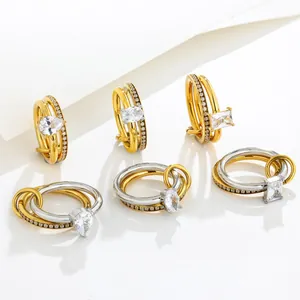Stainless Steel Double Ring For Women Men Inlaid Square Oval Pear Rhinestone Light Luxury Fashion Daily Finger Ring Jewelry