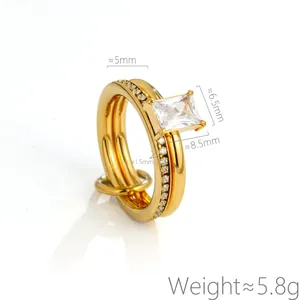 Fashionable gold-plated stainless steel double ring with large rectangular zircon stone