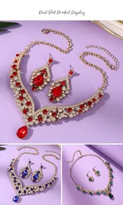 Detailed view of luxury bridal jewelry sets with colorful rhinestones in red, blue, and green