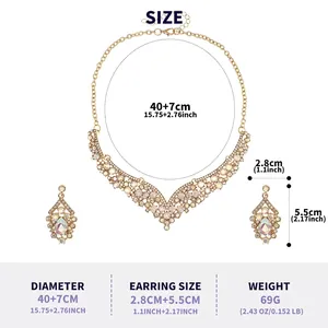 Detailed measurements of vintage gold bridal necklace and earrings set with crystals