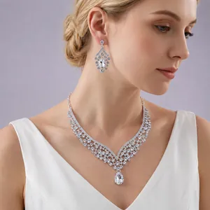 Vintage Luxury Alloy Rhinestone Waterdrop Necklace And Earrings Jewelry Set For Women Wedding Bridal Banquet Party Accessories