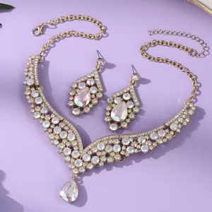 Retro palace style bridal necklace and earring jewelry set with iridescent stones
