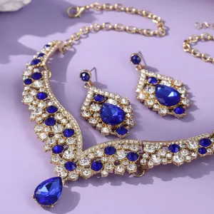 Exquisite vintage royal luxury jewelry set with blue crystals for elegant wedding banquets