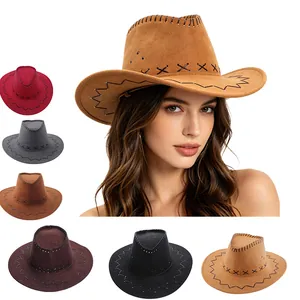 Vintage American Western Cowboy Hat For Men Women Faux Suede Wide Brim Sun Protection Hiking Outdoor Fedora Hat With Drawstring