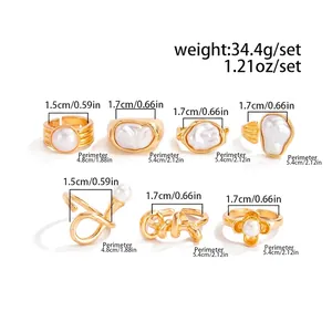 Detaillierte Messanleitung für 7-teiliges Gold-Barockperlen-Ring-Set mit Größenangaben