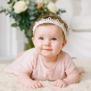 Elegant white lace rhinestone crown headband for baby girl photography accessory