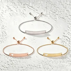 Adjustable Stainless Steel Bar Bracelet Heart Butterfly Cutout Design Minimalist Geometric Wristband Fashion Jewelry Gift For Women