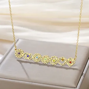 7 Chakras Symbol Pendant Necklace For Women Men 304 Stainless Steel Hollow Out Yoga Mandala Vertical Bar Jewelry Gift