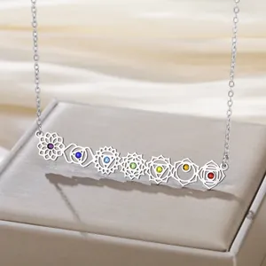 Close-up of 7 chakra necklace detail showing colorful stones and intricate yoga symbols