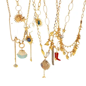 Colliers en acier inoxydable plaqués or style océan avec des coquillages et étoiles