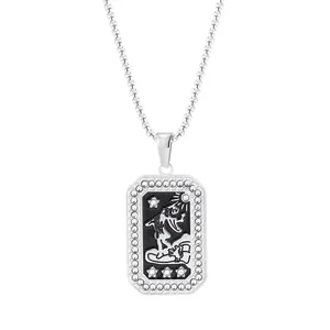 Vintage tarot card square pendant necklace with sun and stars design in silver and black