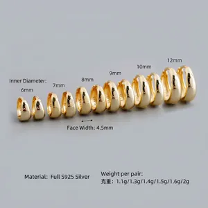 Detailed view of S925 sterling silver gold plated wide hoop earrings in various sizes