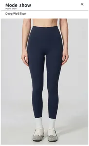 Detailed view of high-waisted butt lifting yoga pants in deep navy blue quick dry fabric