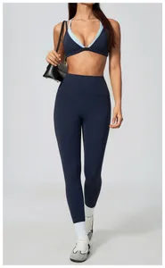 Women's high-waisted navy blue yoga leggings with breathable quick-dry fitness fabric