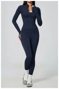 Slim fit navy blue long-sleeve sports jacket and high-waist yoga leggings set