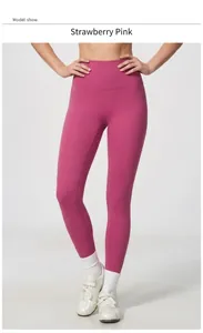 Macro detail view of high-waisted strawberry pink compression yoga leggings for women.
