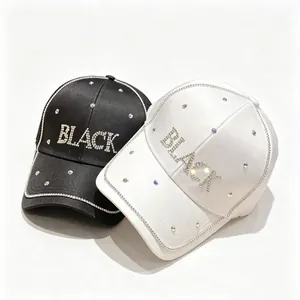 Berretto da Baseball da Donna con Lettere BLACK in Strass Finitura Satinata Poliestere Visiera Curva Cappello da Sole Regolabile Casual