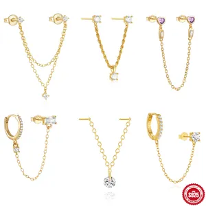 925 Sterling Zilveren Hart Ketting Kwastje Oorbellen Goud Zilver Verguld Zirkonia Dubbele Piercing Oorknopjes Voor Vrouwen