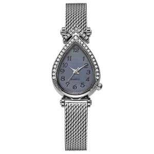 Elegant Women Waterdrop Quartz Watch Rhinestone Bezel Metal Mesh Strap Fashion Casual Dress Watch For Ladies Roman Arabic Numeral Dial