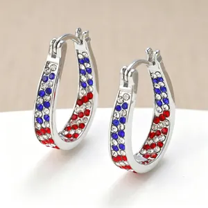 Western Style Red White Blue Rhinestone Hoop Earrings Patriotic Independence Day Jewelry Stainless Steel Post Copper Stud Earrings