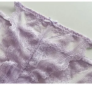 Nahaufnahme einer fliederfarbenen Spitzenunterhose mit floralen Mustern und kleiner Schleife.