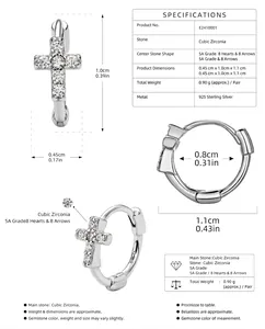 Detailed specifications and dimensions for S925 sterling silver cross hoop earrings.