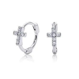 Elegant S925 sterling silver cross hoop earrings adorned with cubic zirconia stones