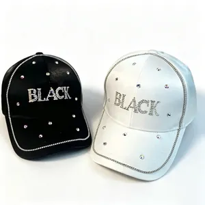 Casquette de Baseball Femme à la Mode en Strass Coton Mercerisé Lettre Black Chapeau de Soleil Ajustable Streetwear de Plein Air