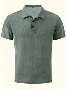 Detail of men's short sleeve waffle knit polo shirt in grey-green ice silk mesh